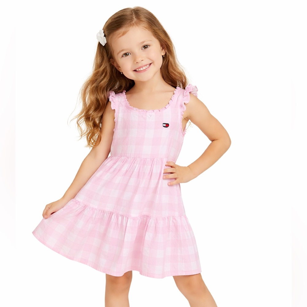 Tommy Hilfiger Girls Pink Gingham Plaid Ruffle Dress Size 6